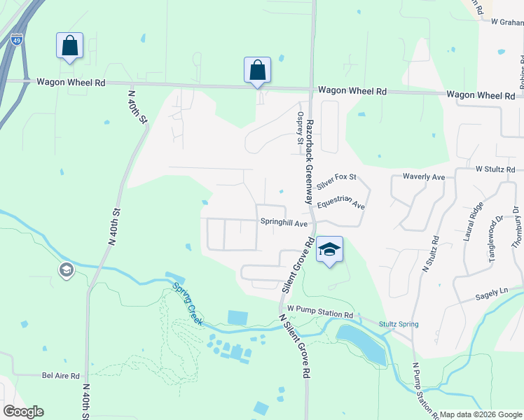 map of restaurants, bars, coffee shops, grocery stores, and more near 3796 Shady Canyon Cove in Springdale