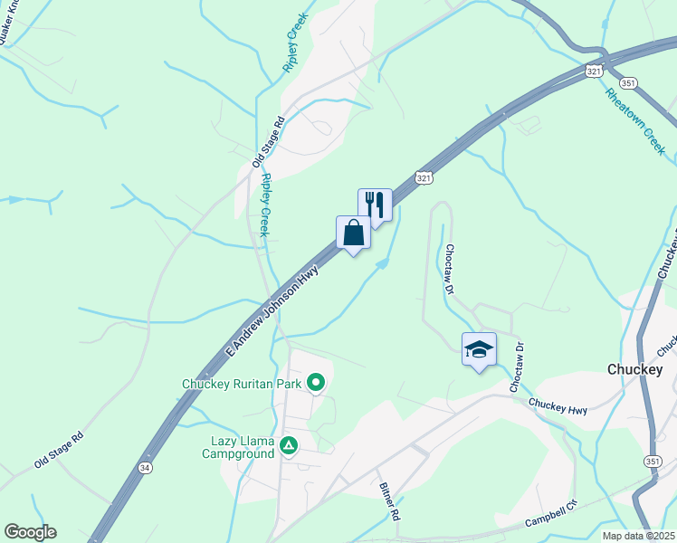 map of restaurants, bars, coffee shops, grocery stores, and more near 28 East Andrew Johnson Highway in Greeneville