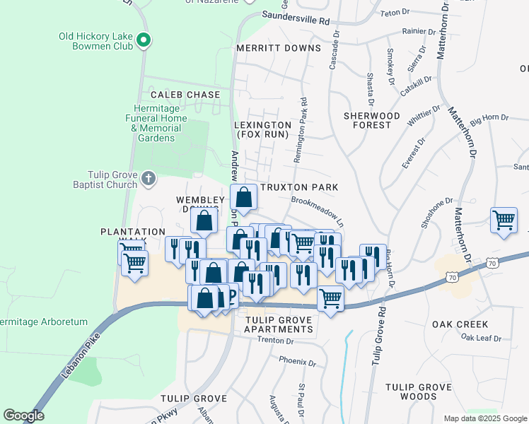 map of restaurants, bars, coffee shops, grocery stores, and more near 529 Griffin Circle in Nashville