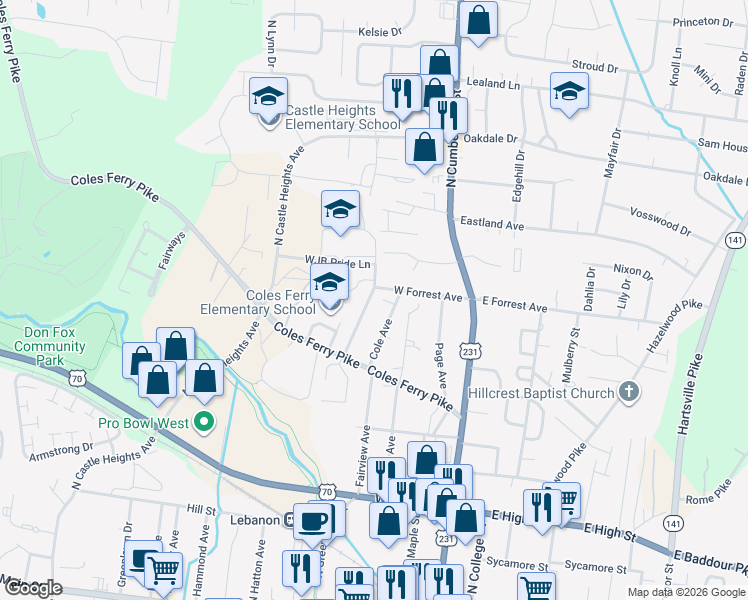 map of restaurants, bars, coffee shops, grocery stores, and more near 720 Cole Avenue in Lebanon