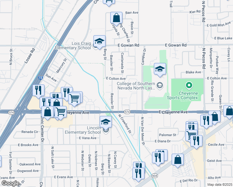 map of restaurants, bars, coffee shops, grocery stores, and more near 3309 North Crawford Street in North Las Vegas