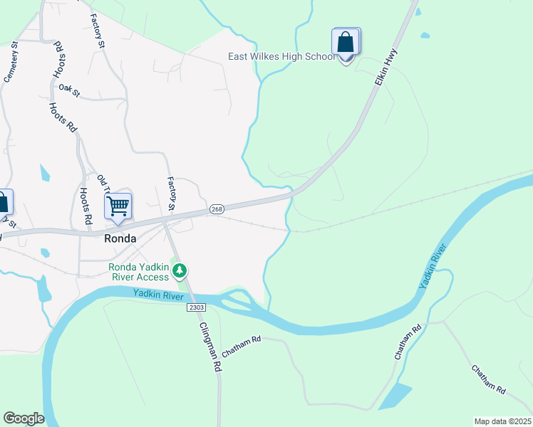 map of restaurants, bars, coffee shops, grocery stores, and more near 12594 Elkin Highway in Ronda