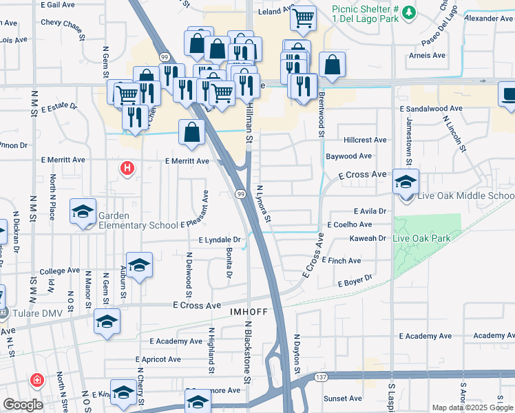 map of restaurants, bars, coffee shops, grocery stores, and more near Golden State Highway in Tulare