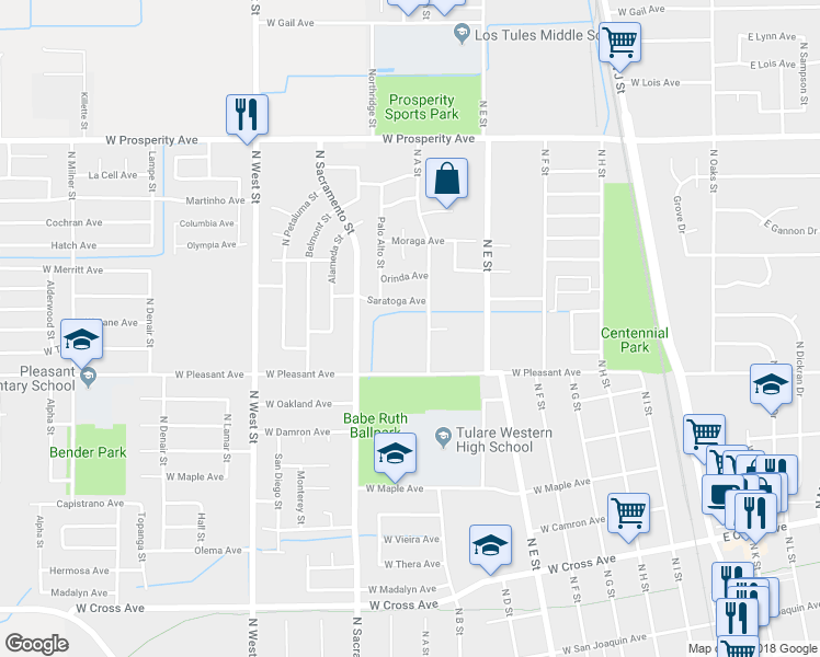 map of restaurants, bars, coffee shops, grocery stores, and more near 900 West Pleasant Avenue in Tulare
