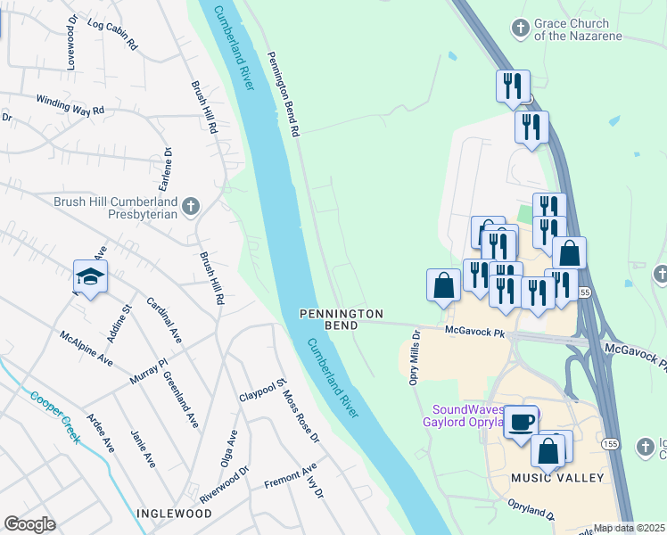 map of restaurants, bars, coffee shops, grocery stores, and more near 2218 Pennington Bend Road in Nashville