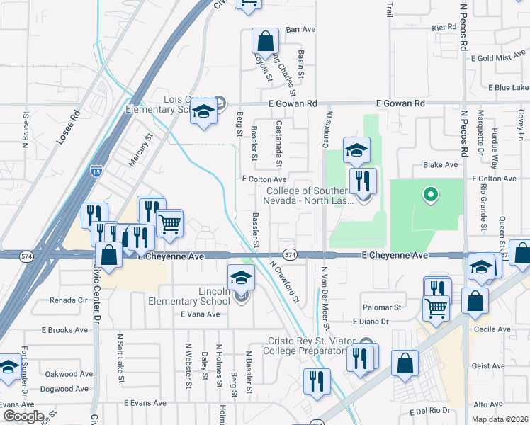 map of restaurants, bars, coffee shops, grocery stores, and more near 3309 North Crawford Street in North Las Vegas