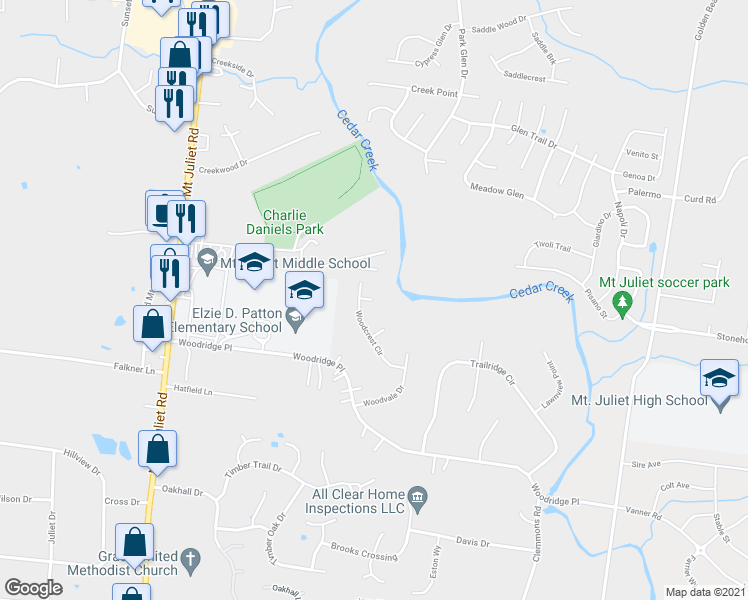 map of restaurants, bars, coffee shops, grocery stores, and more near Woodwind Point in Mount Juliet