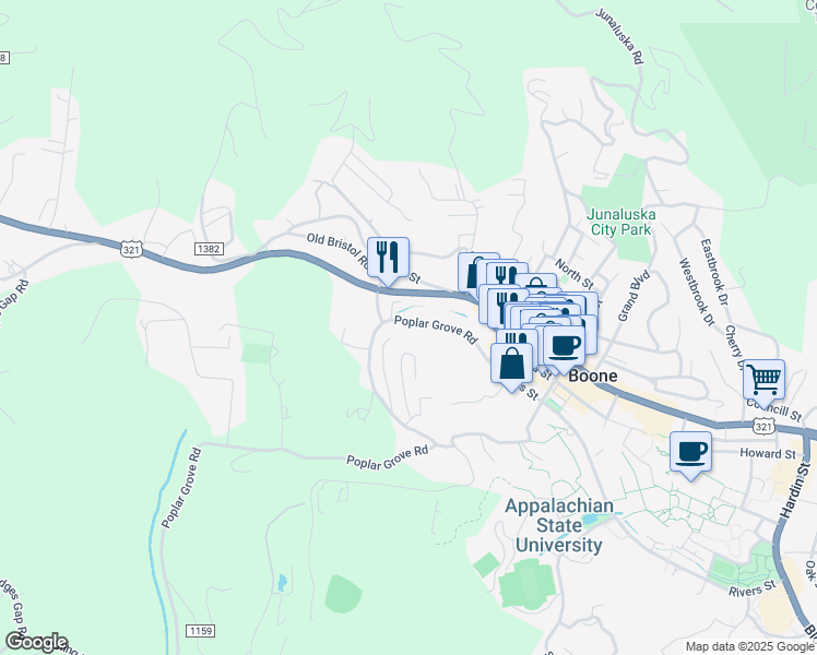 map of restaurants, bars, coffee shops, grocery stores, and more near 299 Poplar Grove Road in Boone