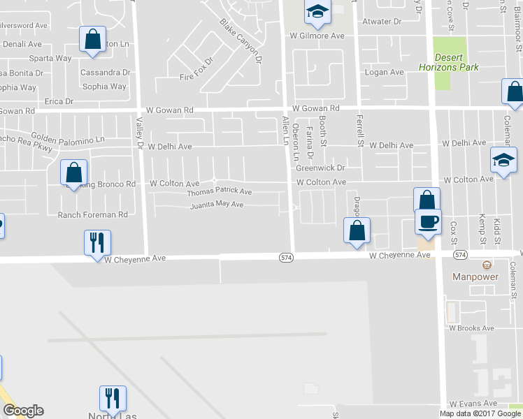 map of restaurants, bars, coffee shops, grocery stores, and more near 3837 Thomas Patrick Avenue in North Las Vegas