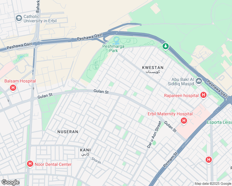 map of restaurants, bars, coffee shops, grocery stores, and more near Gulan Street in Arbil