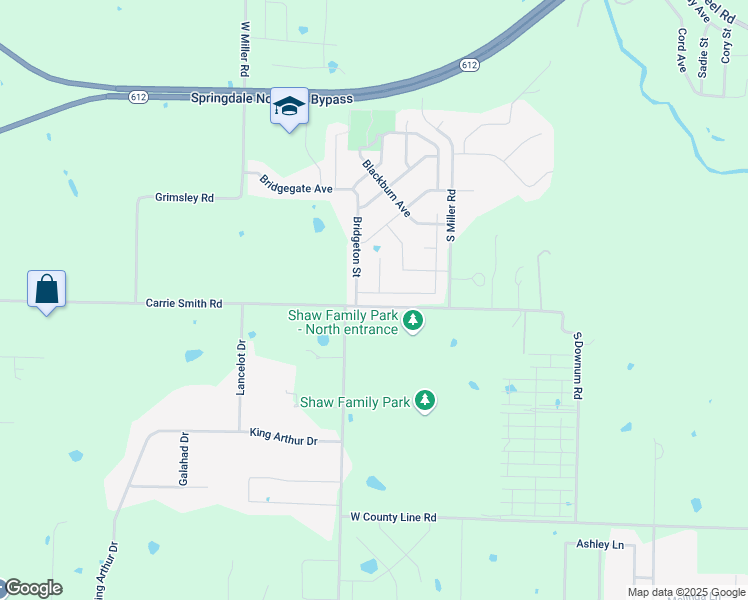 map of restaurants, bars, coffee shops, grocery stores, and more near 3843 Legendary Lane in Springdale