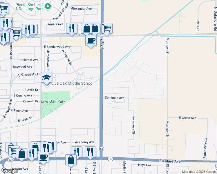 map of restaurants, bars, coffee shops, grocery stores, and more near 2312 Plantation Court in Tulare