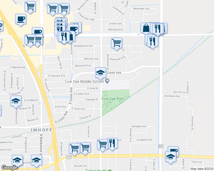 map of restaurants, bars, coffee shops, grocery stores, and more near 980 North Laspina Street in Tulare