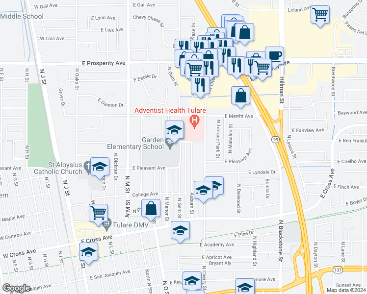 map of restaurants, bars, coffee shops, grocery stores, and more near 814 North Gem Street in Tulare
