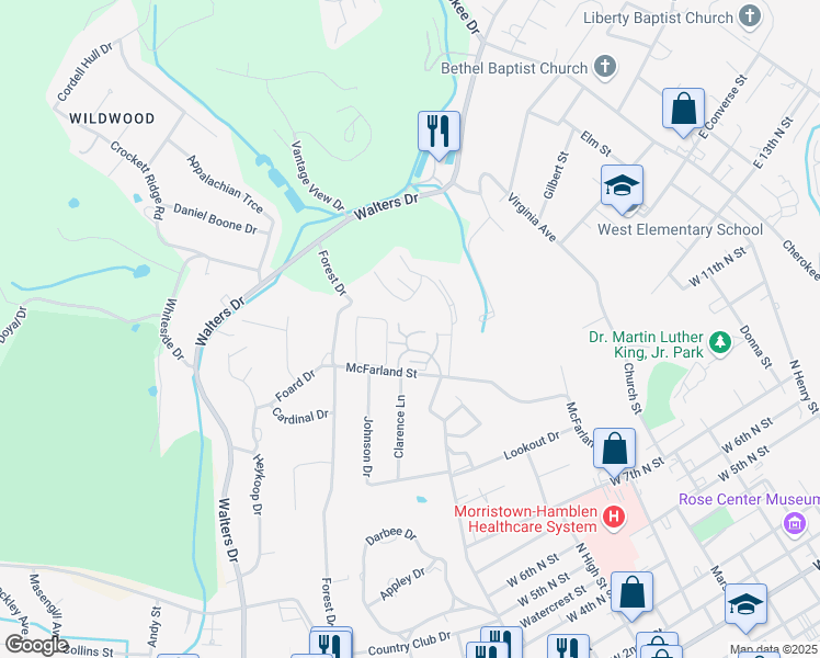 map of restaurants, bars, coffee shops, grocery stores, and more near 1429 Laterre Lane in Morristown
