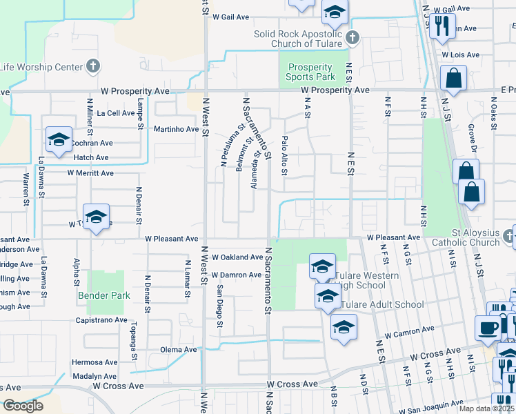 map of restaurants, bars, coffee shops, grocery stores, and more near 830 Alameda Street in Tulare