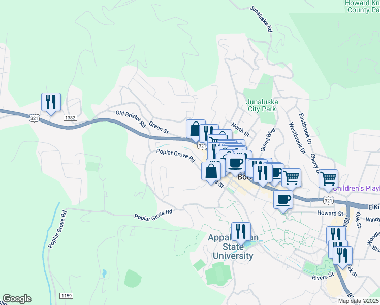 map of restaurants, bars, coffee shops, grocery stores, and more near 921 West King Street in Boone