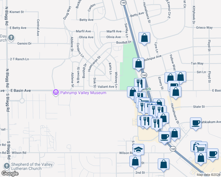 map of restaurants, bars, coffee shops, grocery stores, and more near 831 Valiant Avenue in Pahrump