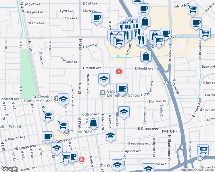 map of restaurants, bars, coffee shops, grocery stores, and more near 640 East Pleasant Avenue in Tulare