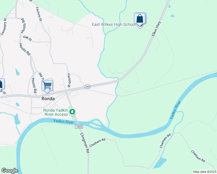 map of restaurants, bars, coffee shops, grocery stores, and more near 12594 Elkin Highway in Ronda