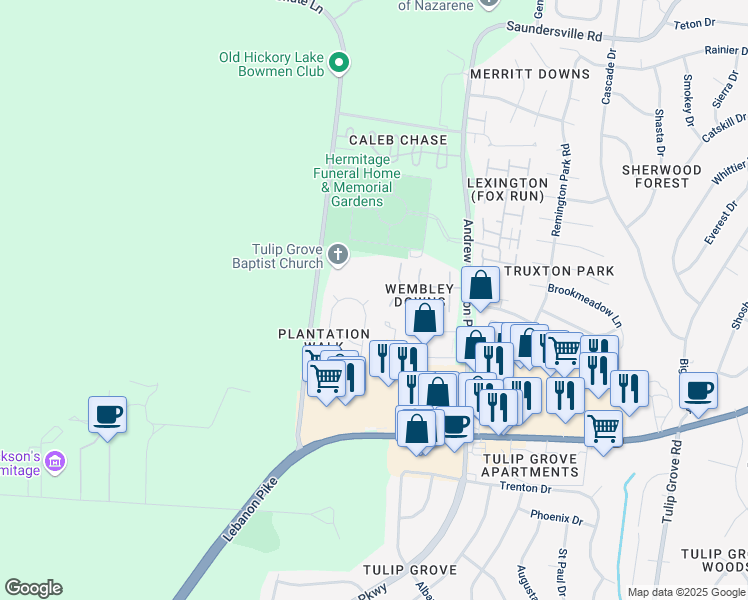 map of restaurants, bars, coffee shops, grocery stores, and more near 208 Mill Springs Place in Nashville
