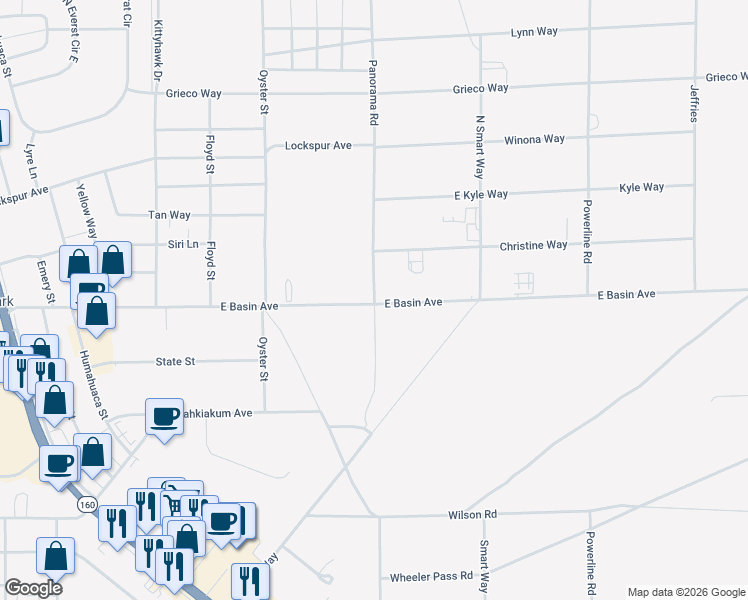 map of restaurants, bars, coffee shops, grocery stores, and more near 2 Panorama Road in Pahrump