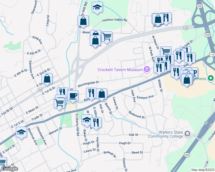 map of restaurants, bars, coffee shops, grocery stores, and more near 1616 Main Street in Morristown