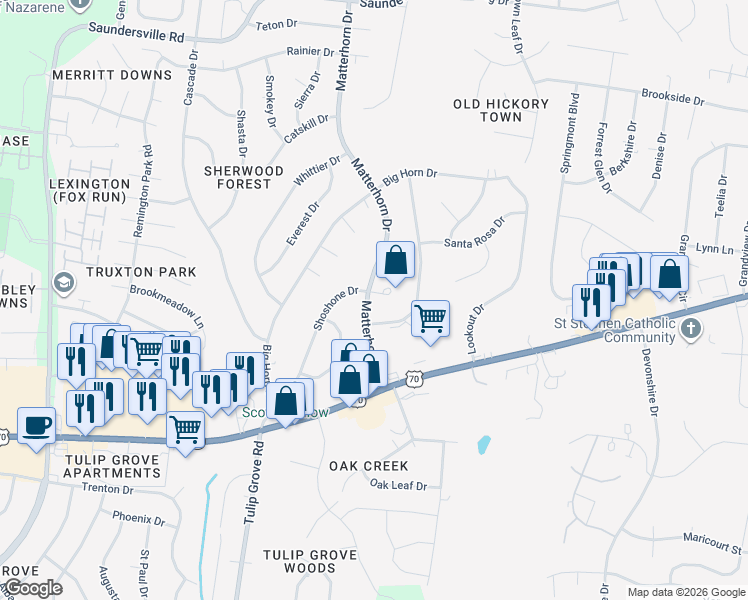 map of restaurants, bars, coffee shops, grocery stores, and more near 26 Shoshone Court in Green Hill