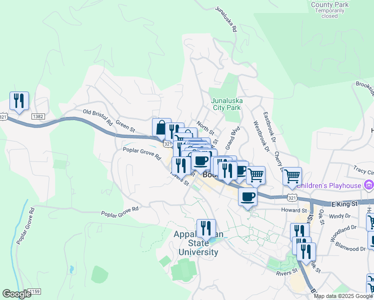 map of restaurants, bars, coffee shops, grocery stores, and more near 136 North Water Street in Boone