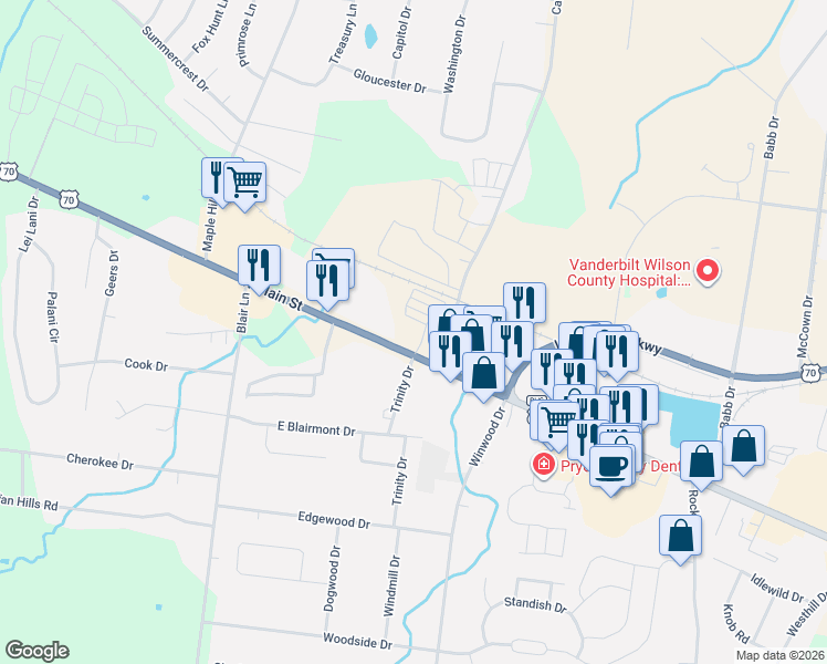 map of restaurants, bars, coffee shops, grocery stores, and more near 106 Carver Lane in Lebanon
