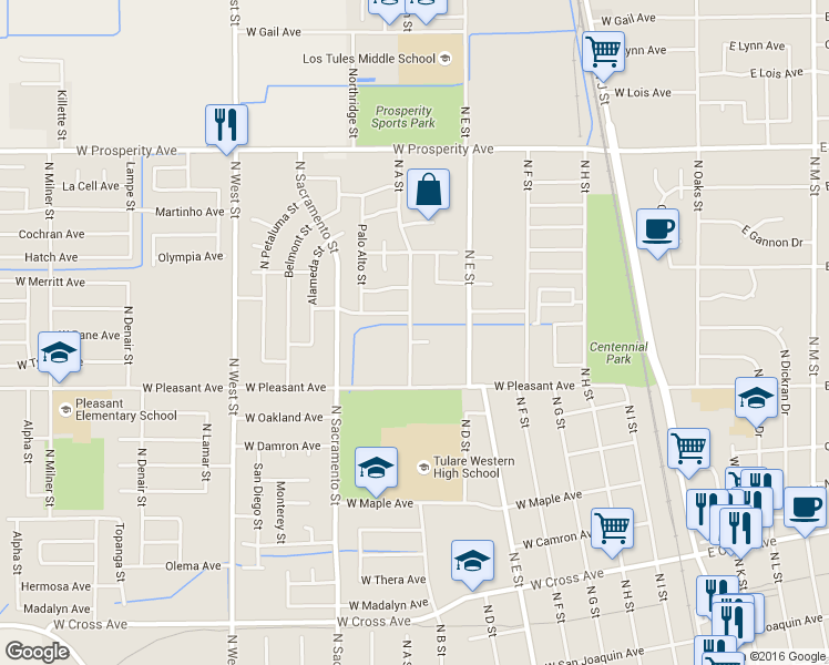 map of restaurants, bars, coffee shops, grocery stores, and more near 966 N A St in Tulare