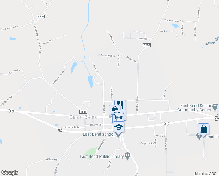 map of restaurants, bars, coffee shops, grocery stores, and more near 221 Blanch Street in East Bend