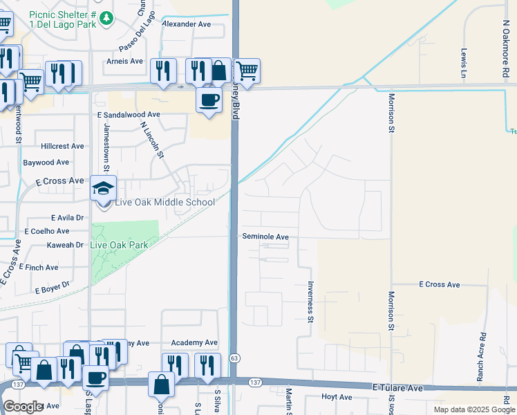 map of restaurants, bars, coffee shops, grocery stores, and more near 2312 Plantation Court in Tulare