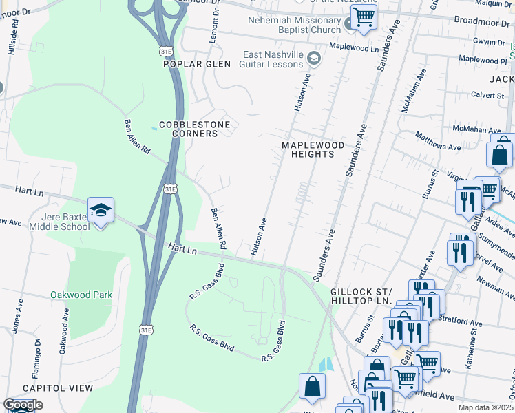 map of restaurants, bars, coffee shops, grocery stores, and more near 3815 Picture Ridge Terrace in Nashville