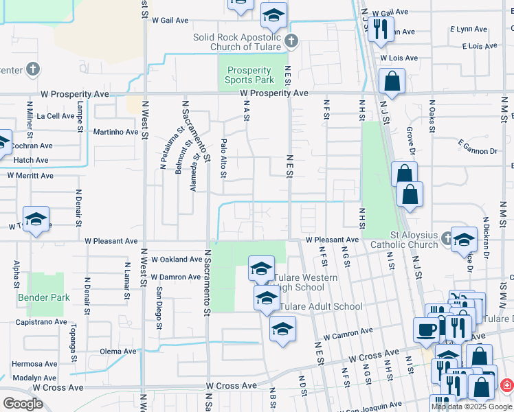 map of restaurants, bars, coffee shops, grocery stores, and more near 966 North A Street in Tulare