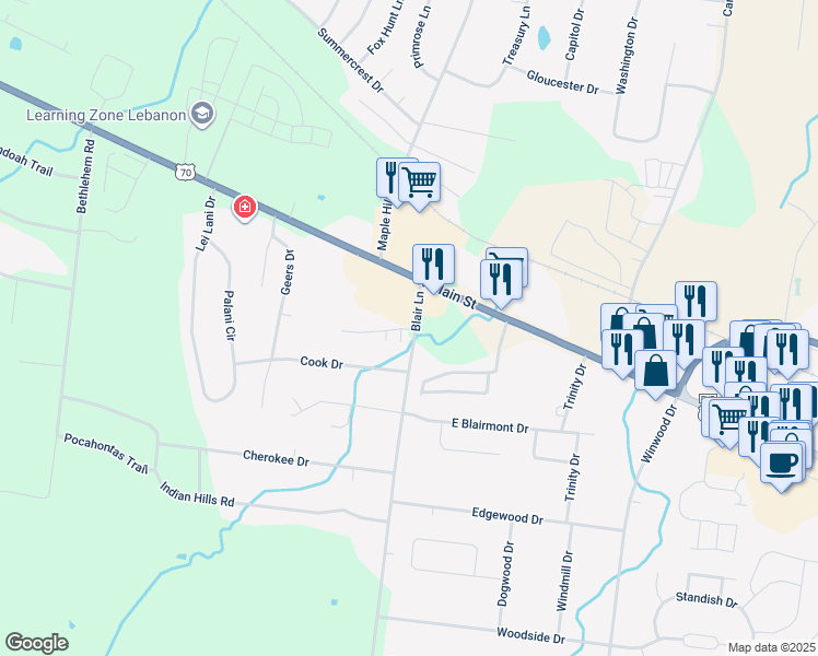map of restaurants, bars, coffee shops, grocery stores, and more near 1703 Monument Lane in Lebanon
