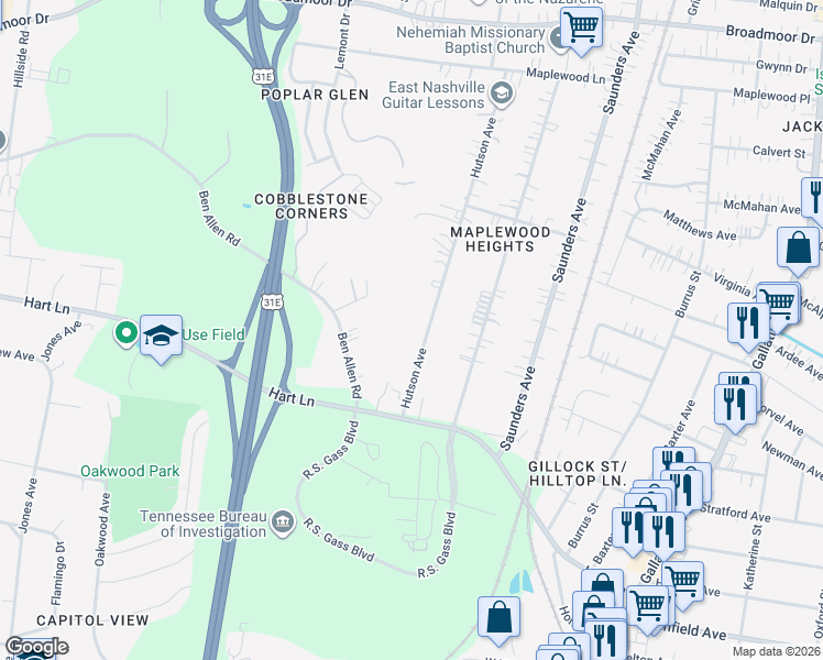 map of restaurants, bars, coffee shops, grocery stores, and more near 3815 Picture Ridge Terrace in Nashville