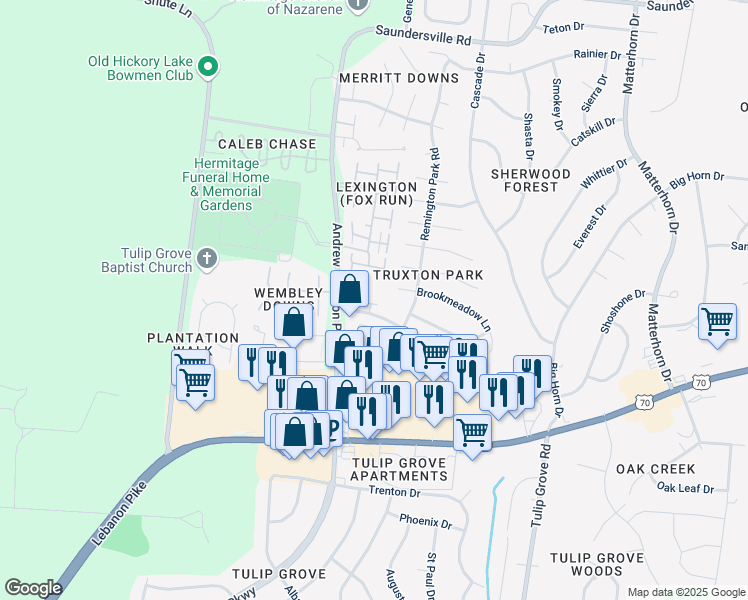 map of restaurants, bars, coffee shops, grocery stores, and more near 4779 Andrew Jackson Parkway in Nashville