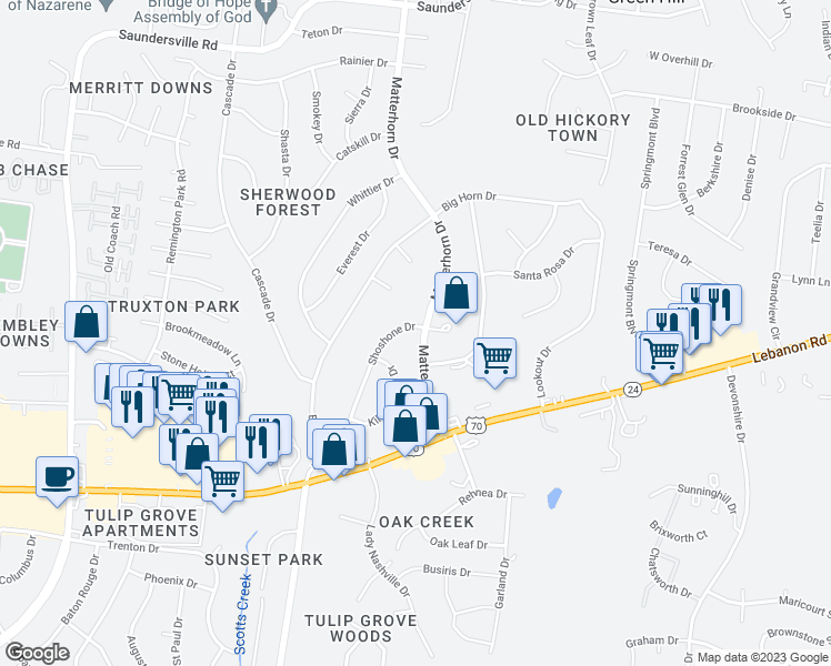 map of restaurants, bars, coffee shops, grocery stores, and more near 211 Matterhorn Drive in Green Hill