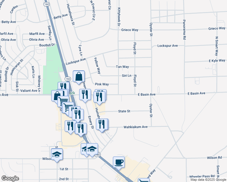 map of restaurants, bars, coffee shops, grocery stores, and more near 1480 East Basin Avenue in Pahrump