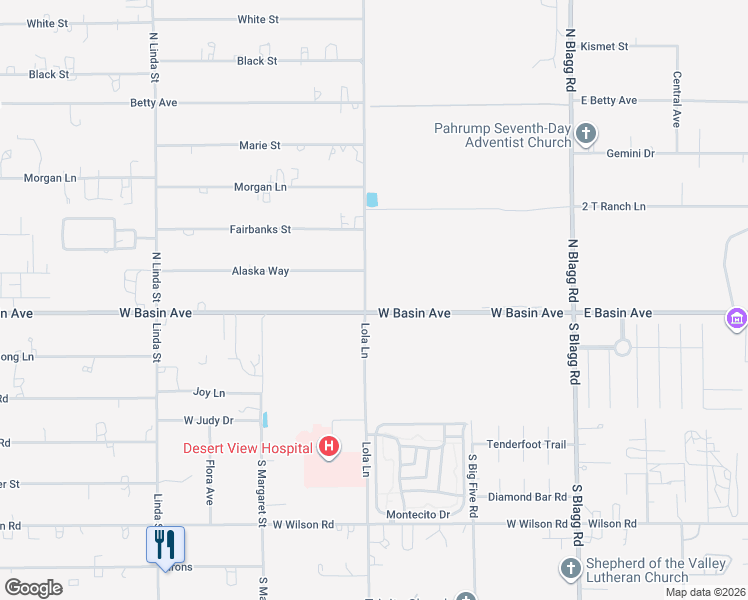 map of restaurants, bars, coffee shops, grocery stores, and more near 470 West Basin Avenue in Pahrump