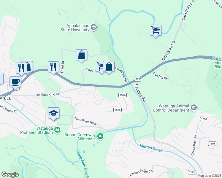 map of restaurants, bars, coffee shops, grocery stores, and more near 2079 Ushy 421 S in Boone