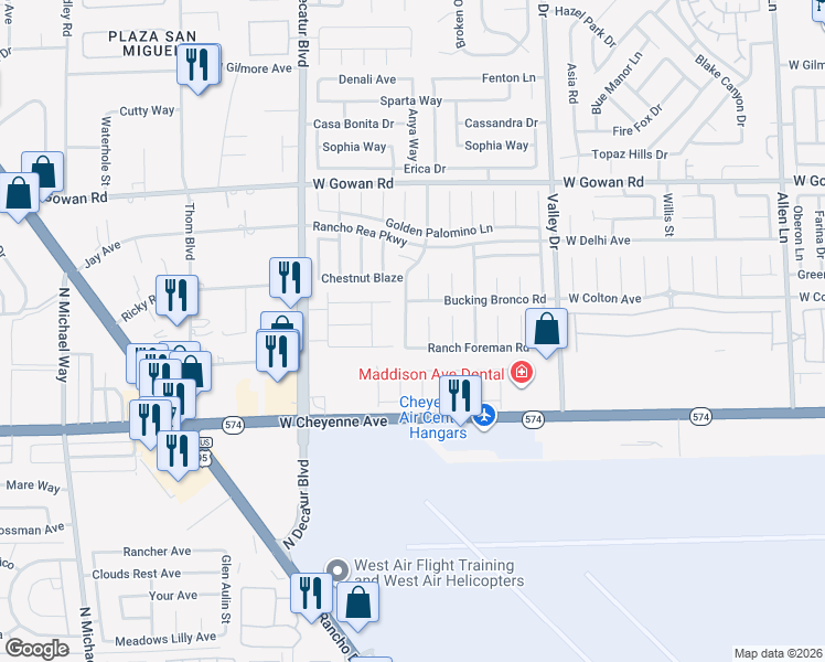map of restaurants, bars, coffee shops, grocery stores, and more near 3340 Strawberry Roan Road in North Las Vegas