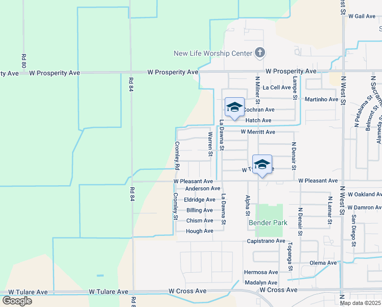map of restaurants, bars, coffee shops, grocery stores, and more near 2227 Poppyview Court in Tulare