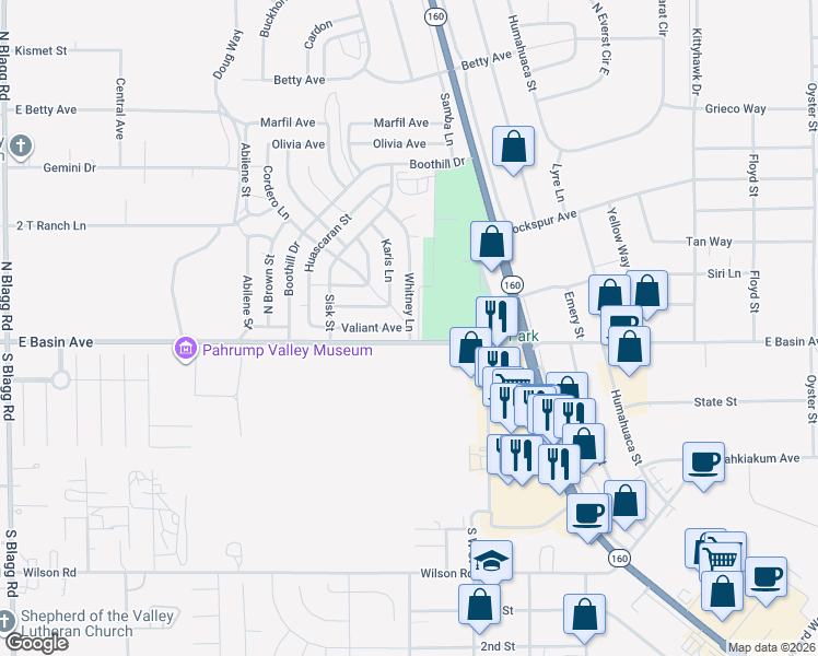 map of restaurants, bars, coffee shops, grocery stores, and more near 871 Valiant Ave in Pahrump