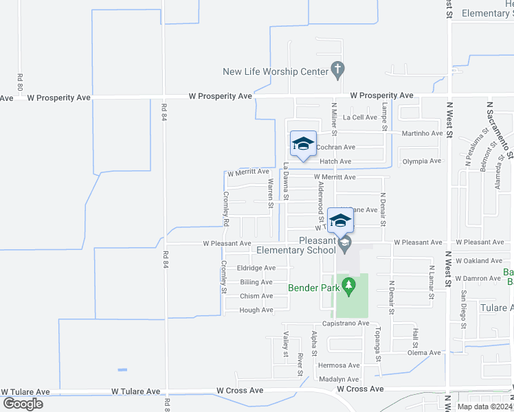 map of restaurants, bars, coffee shops, grocery stores, and more near 2227 Poppyview Avenue in Tulare