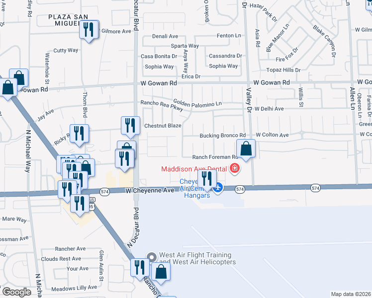 map of restaurants, bars, coffee shops, grocery stores, and more near 3340 Strawberry Roan Road in North Las Vegas