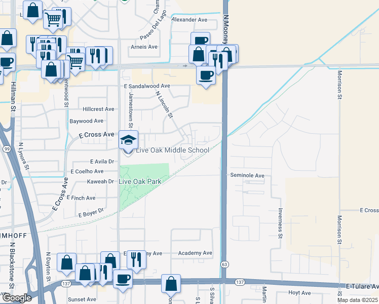 map of restaurants, bars, coffee shops, grocery stores, and more near 864 West Pleasant Avenue in Tulare