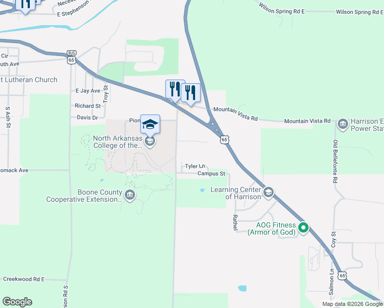 map of restaurants, bars, coffee shops, grocery stores, and more near 725 State Highway 123 in Harrison