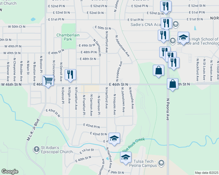 map of restaurants, bars, coffee shops, grocery stores, and more near 727 East 46th Street North in Tulsa